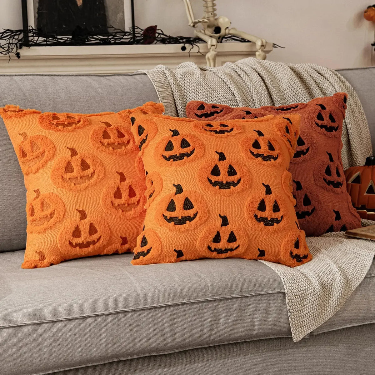 Plush Pumpkin Halloween Throw Pillow Cover – 18" x 18"