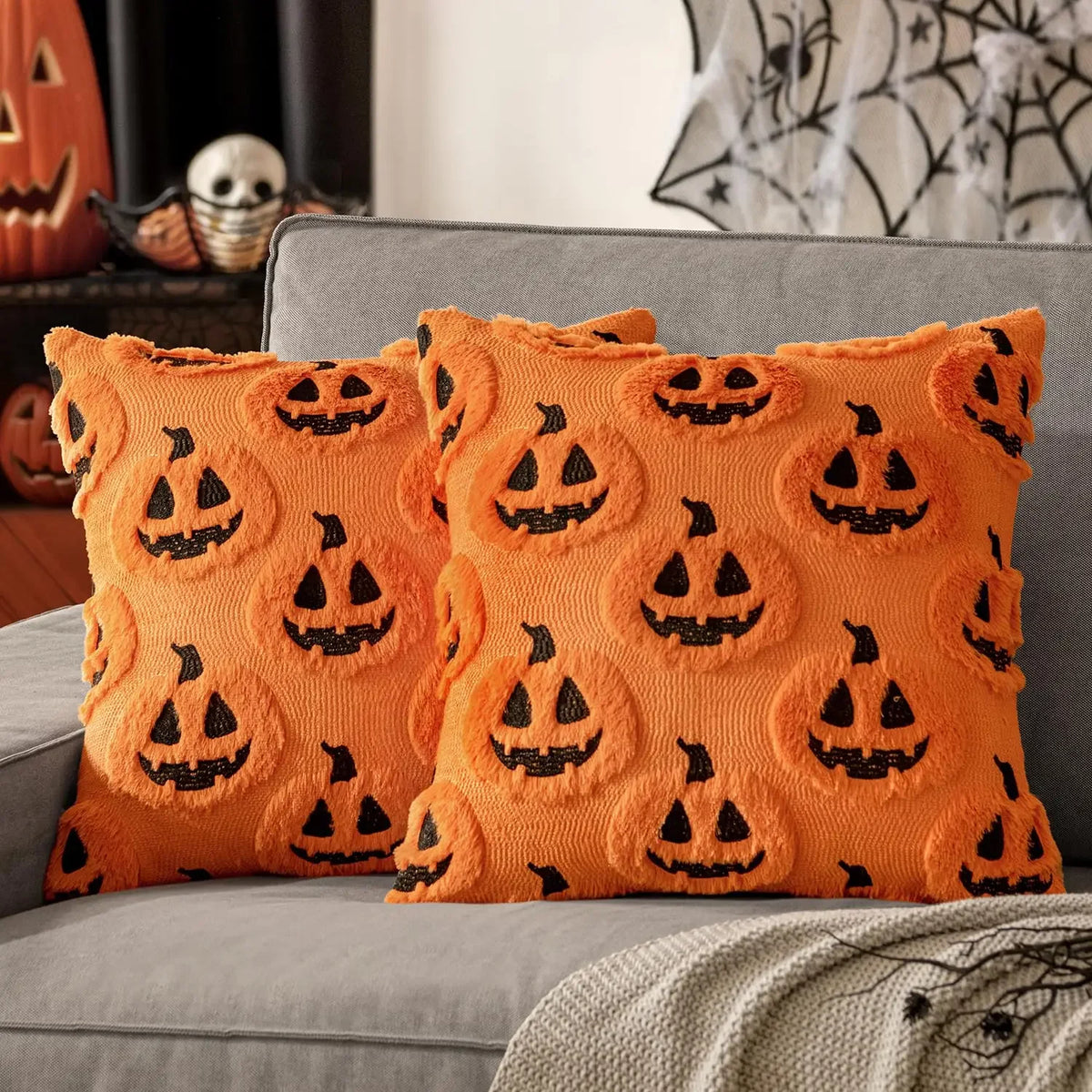 Plush Pumpkin Halloween Throw Pillow Cover – 18" x 18"