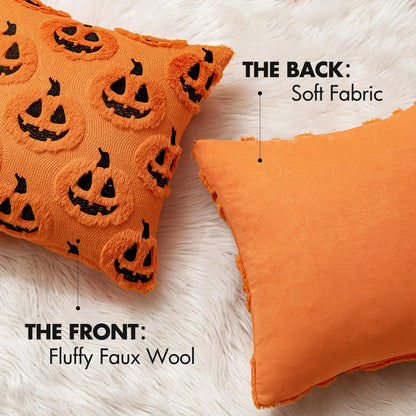 Plush Pumpkin Halloween Throw Pillow Cover – 18" x 18"